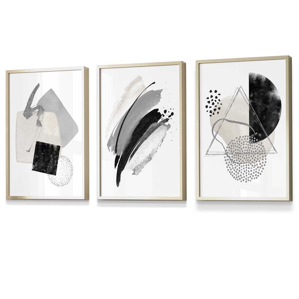 Abstract Grey Black and Silver Set of 3 Framed Wall Art Prints | Artze Wall Art UK