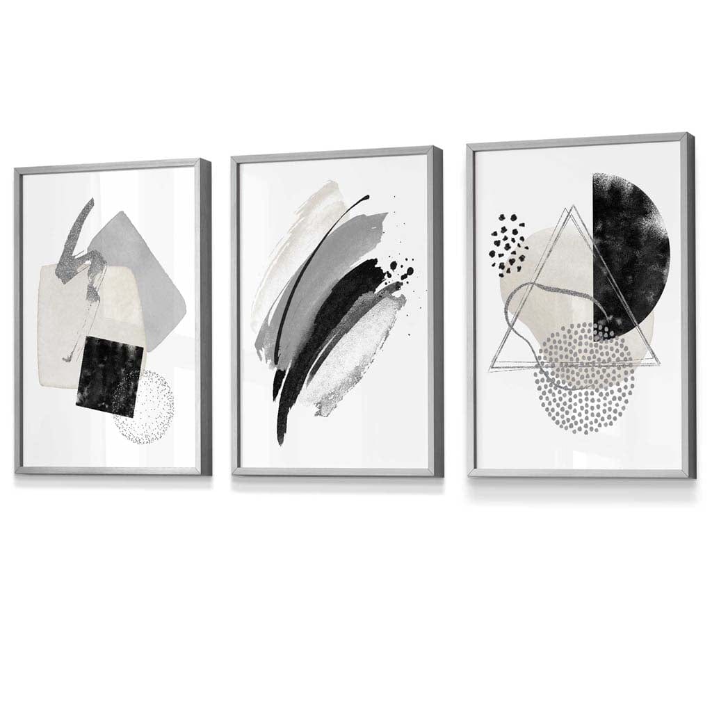 Abstract Grey Black and Silver Set of 3 Framed Wall Art Prints | Artze Wall Art UK