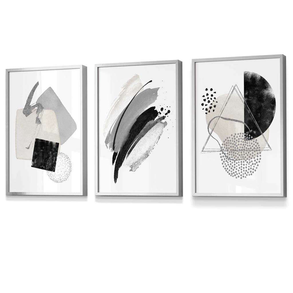 Abstract Grey Black and Silver Set of 3 Framed Wall Art Prints | Artze Wall Art UK
