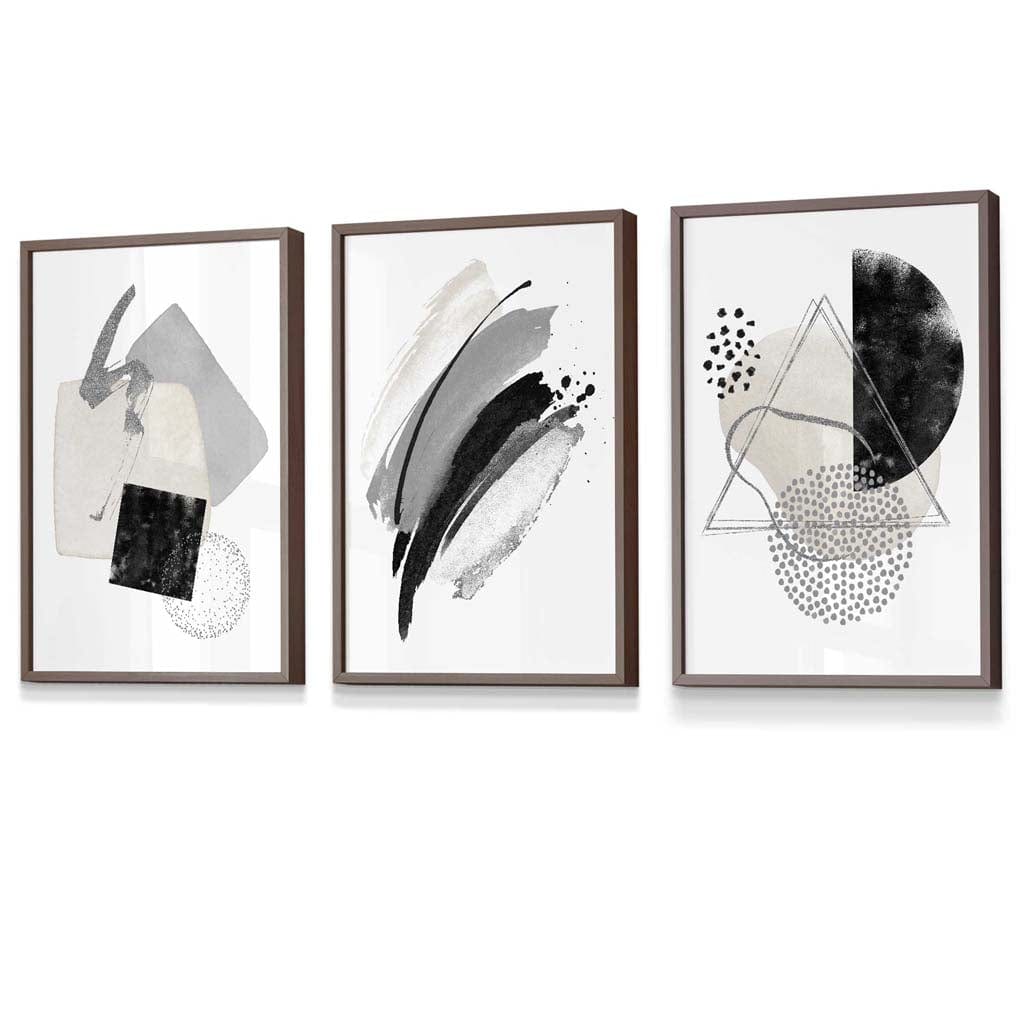 Abstract Grey Black and Silver Set of 3 Framed Wall Art Prints | Artze Wall Art UK