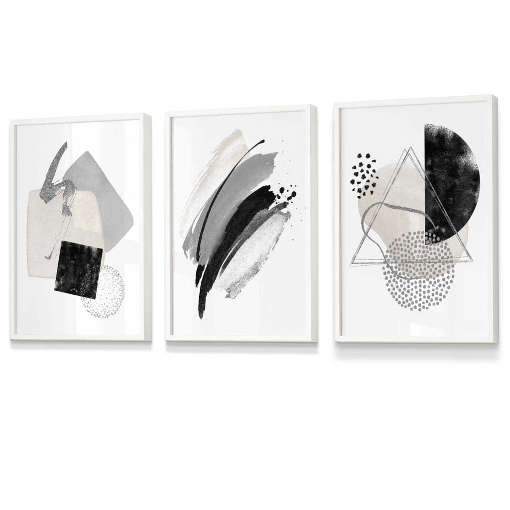 Abstract Grey Black and Silver Set of 3 Framed Wall Art Prints | Artze Wall Art UK