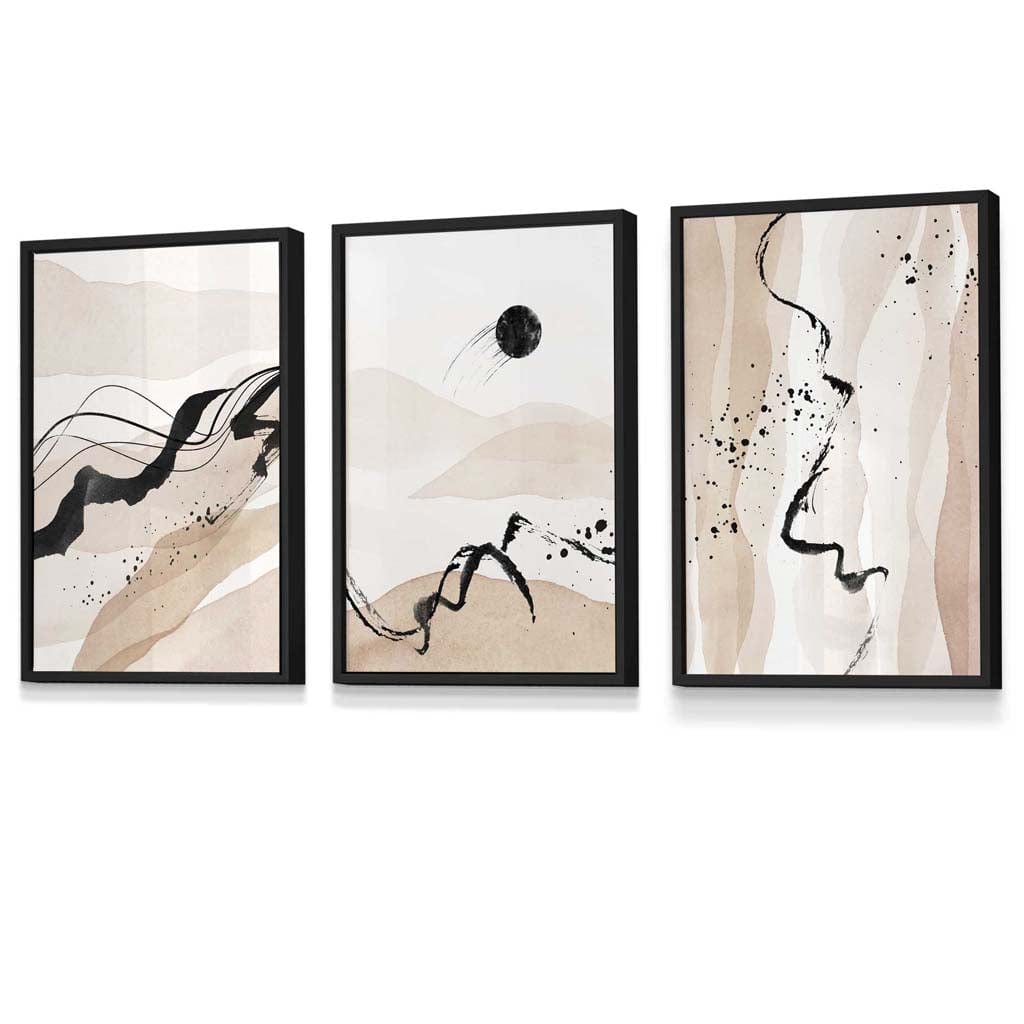Set of 3 Abstract Beige and Black Landscape Wall Art Prints / Framed | Artze Wall Art UK