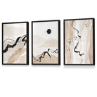 Set of 3 Abstract Beige and Black Landscape Wall Art Prints / Framed | Artze Wall Art UK