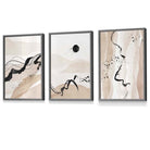 Set of 3 Abstract Beige and Black Landscape Wall Art Prints / Framed | Artze Wall Art UK