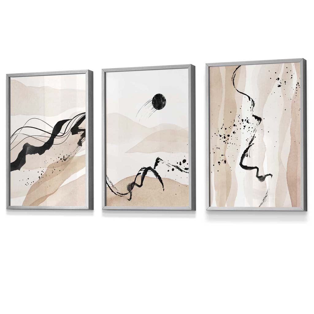 Set of 3 Abstract Beige and Black Landscape Wall Art Prints / Framed | Artze Wall Art UK