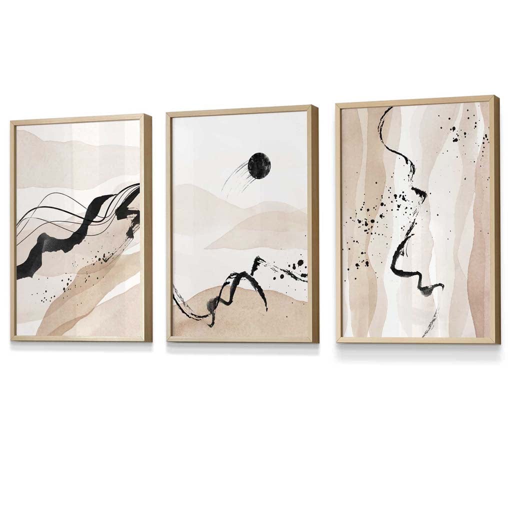 Set of 3 Abstract Beige and Black Landscape Wall Art Prints / Framed | Artze Wall Art UK