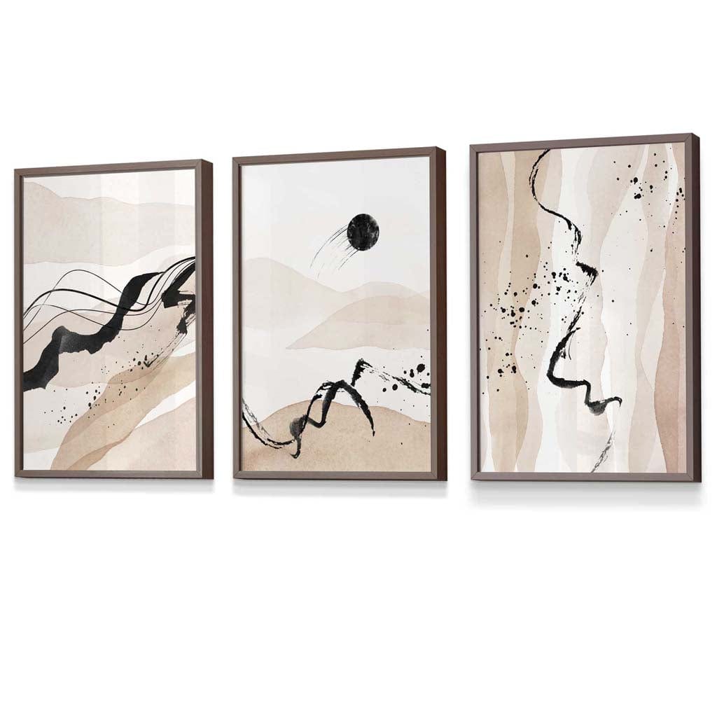 Set of 3 Abstract Beige and Black Landscape Wall Art Prints / Framed | Artze Wall Art UK