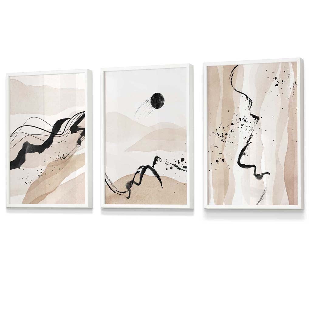 Set of 3 Abstract Beige and Black Landscape Wall Art Prints / Framed | Artze Wall Art UK