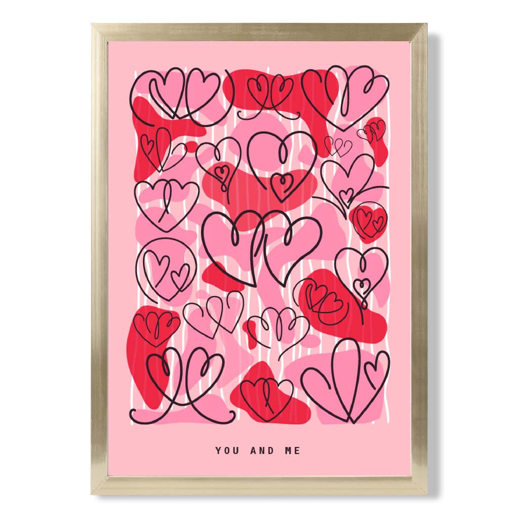 You and Me Sketch Hearts print in Gold Wooden Frame
