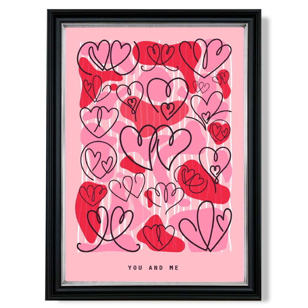 You and Me Sketch Hearts print in Black and silver Frame