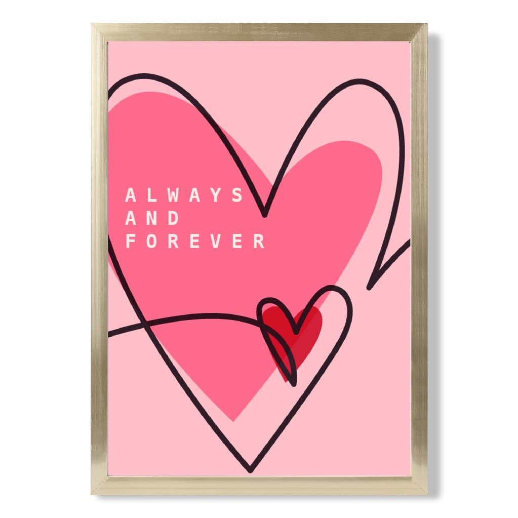 Always and Forever Sketch Hearts print in Gold Wooden Frame