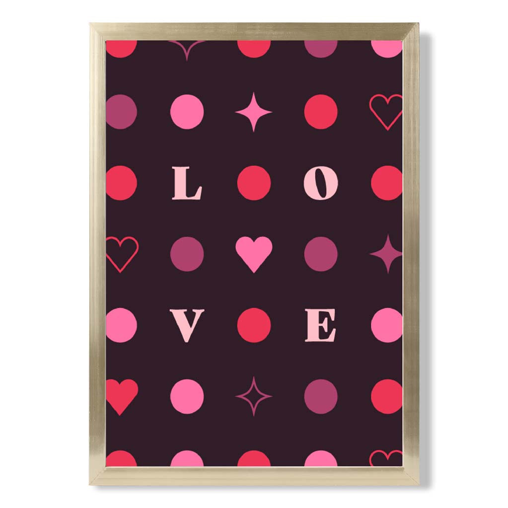 LOVE Hearts and Stars print in Gold Wooden Frame