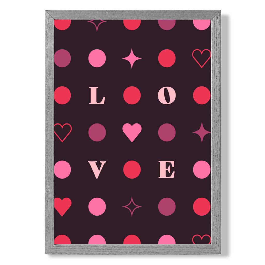 LOVE Hearts and Stars print in Light Grey Wooden Frame