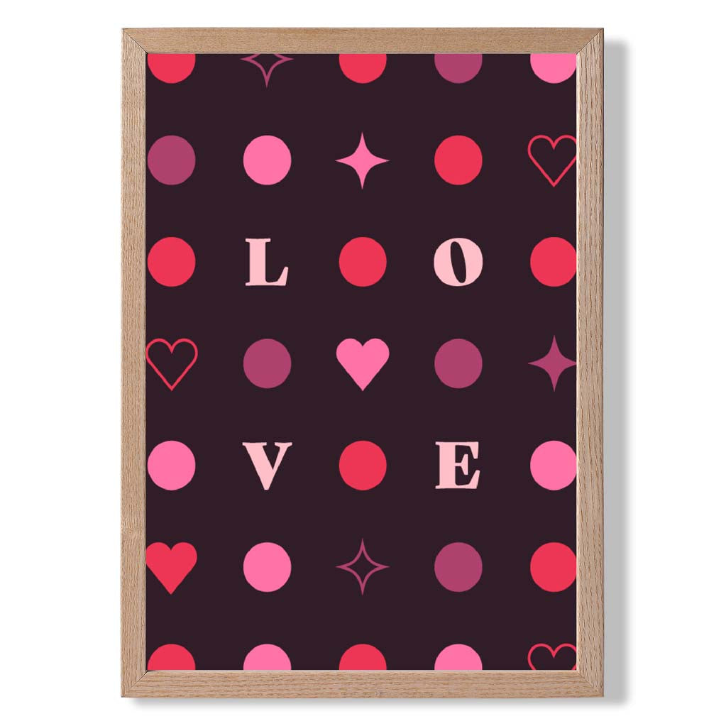 LOVE Hearts and Stars print in Light Oak Wooden Frame