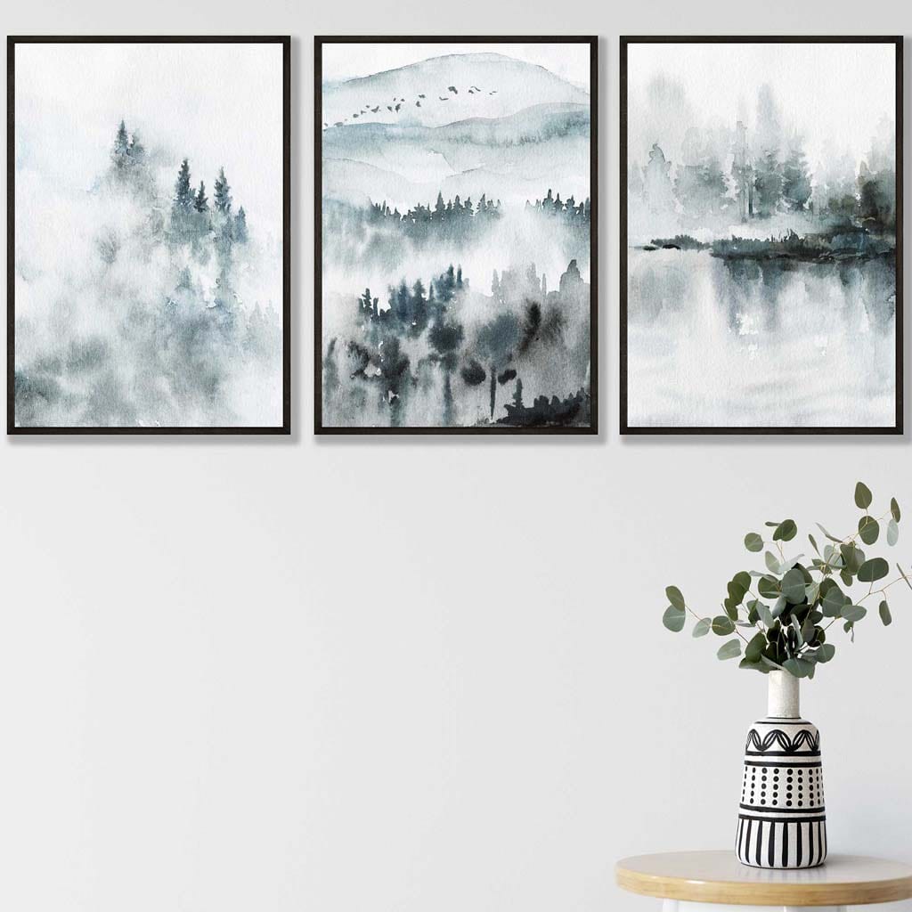 Teal Blue Abstract Forest Lake Set of 3 Wall Art Prints