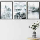 Teal Blue Abstract Forest Lake Set of 3 Wall Art Prints