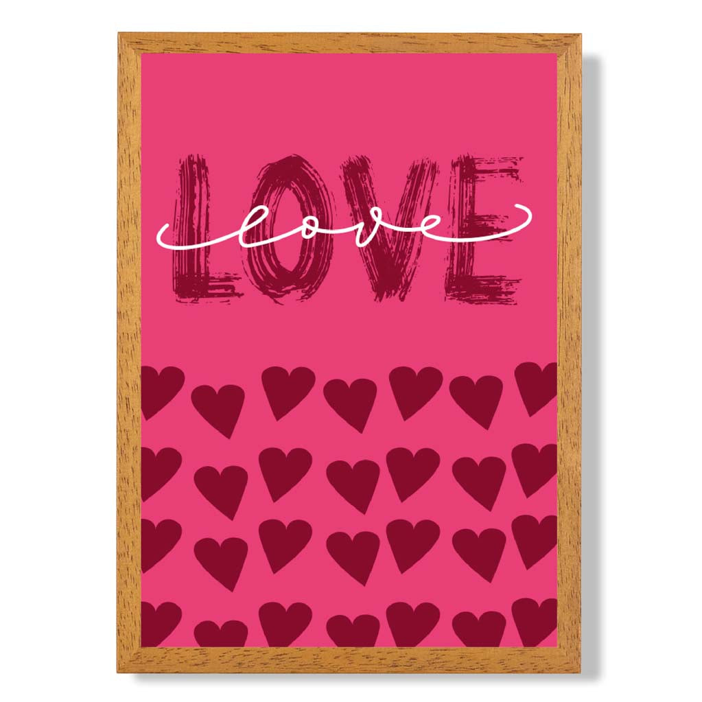 Love with Hearts Pink print in Oak Wooden Frame