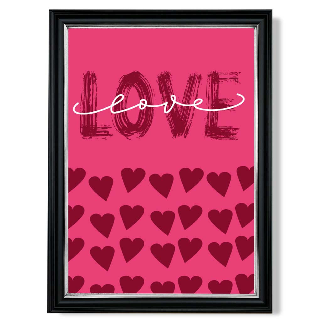 Love with Hearts Pink print in Black and silver Frame
