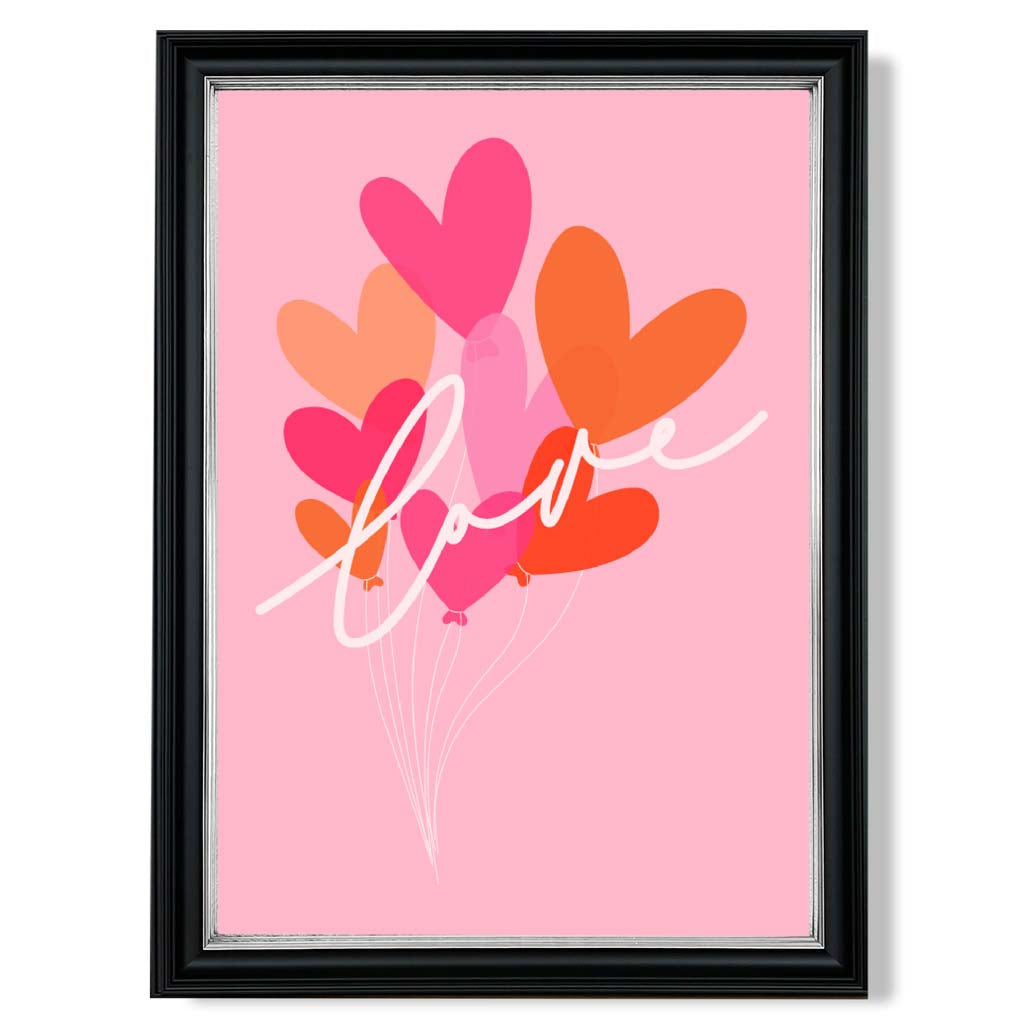 Pink Colourful Love Hearts print in Black and silver Frame