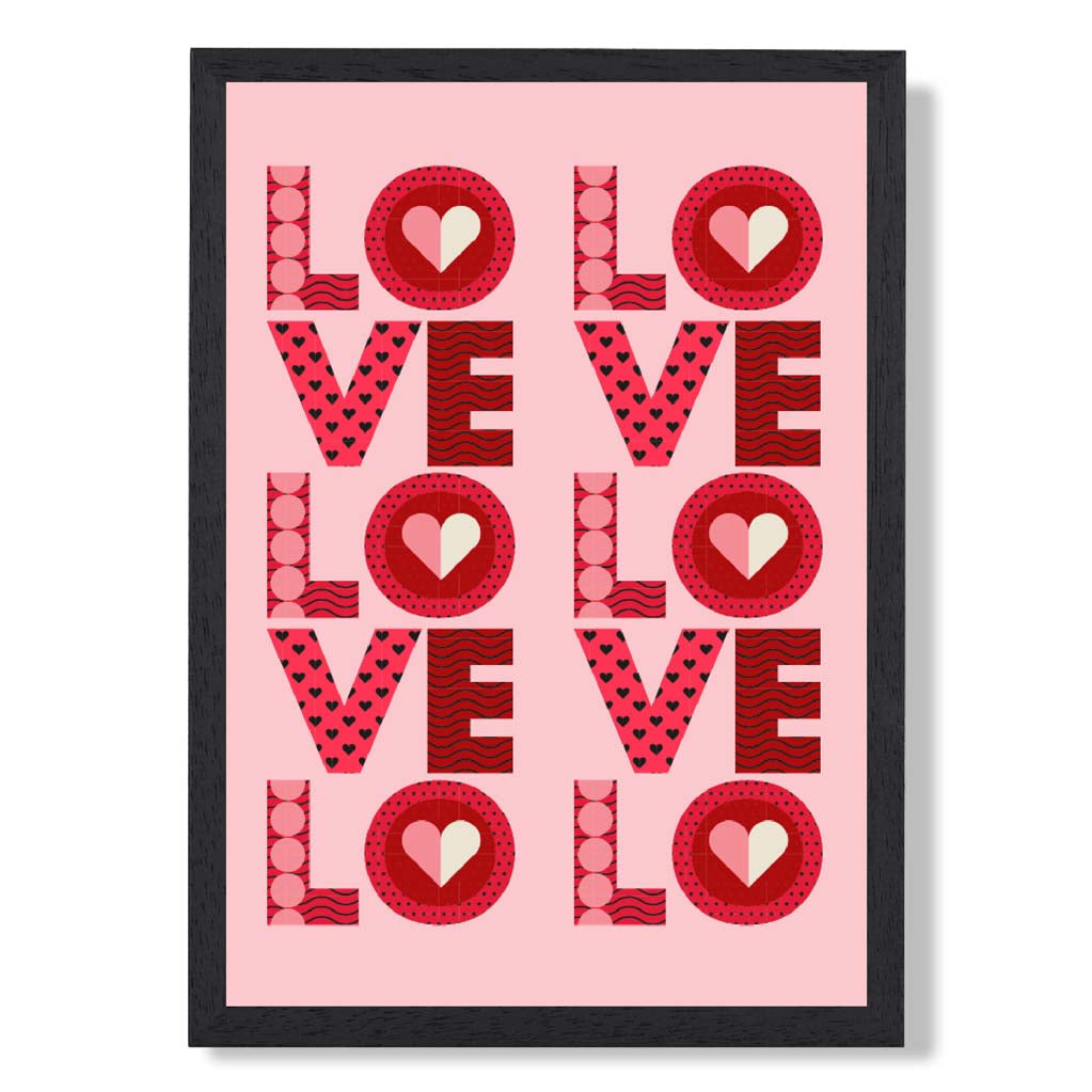 Retro Patterned Lots of LOVE print in Black Wooden Frame