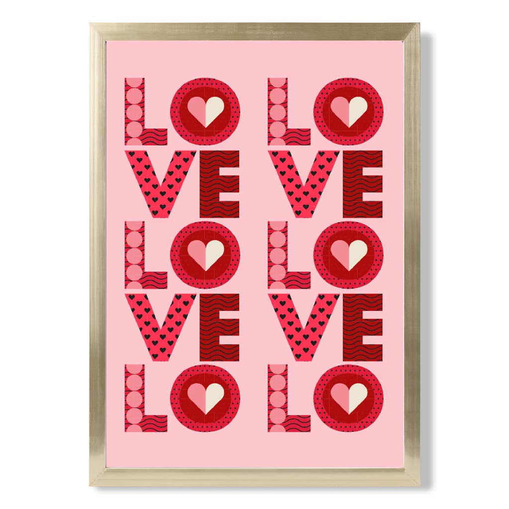 Retro Patterned Lots of LOVE print in Gold Wooden Frame