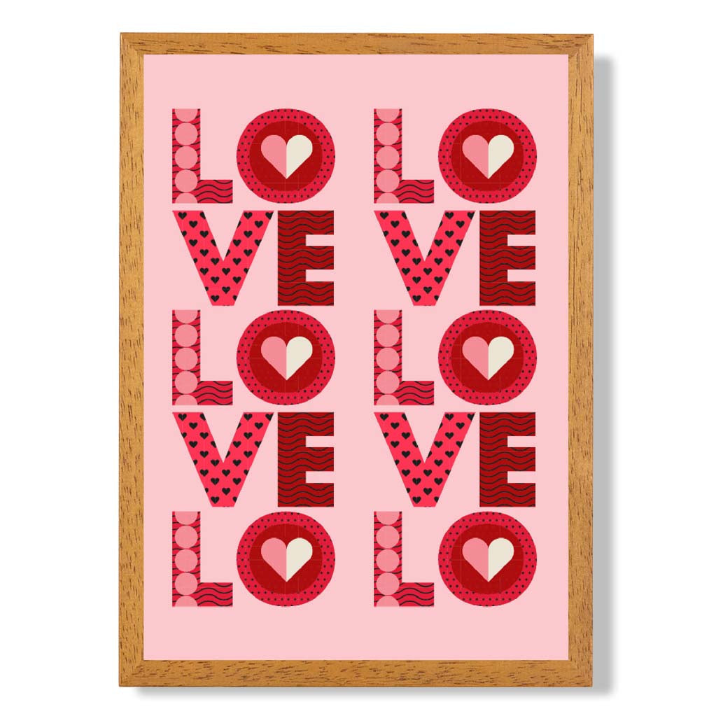 Retro Patterned Lots of LOVE print in Oak Wooden Frame