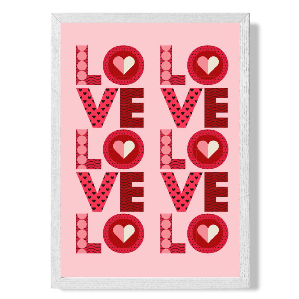 Retro Patterned Lots of LOVE print in White Wooden Frame