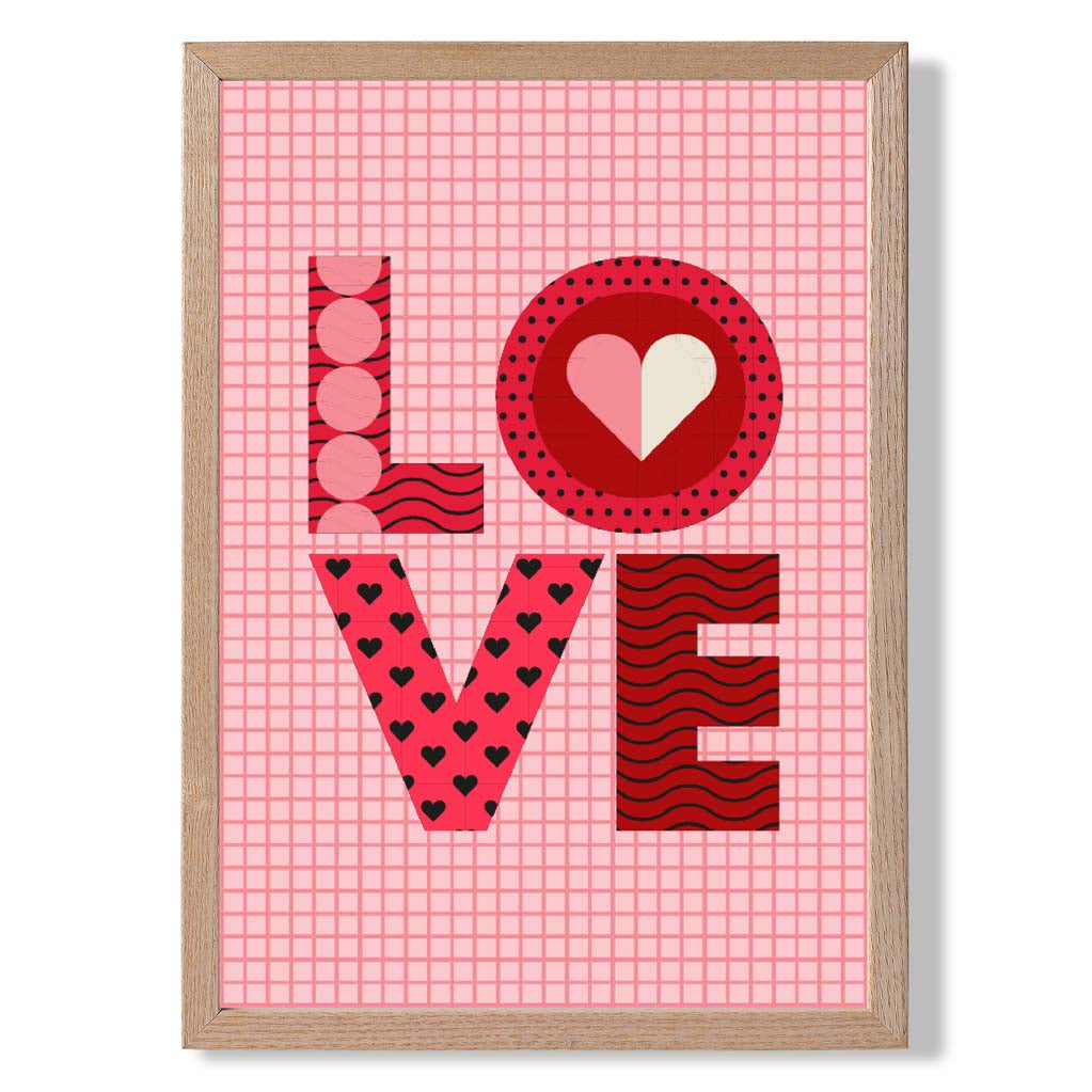 Retro Patterned LOVE print in Light Oak Wooden Frame