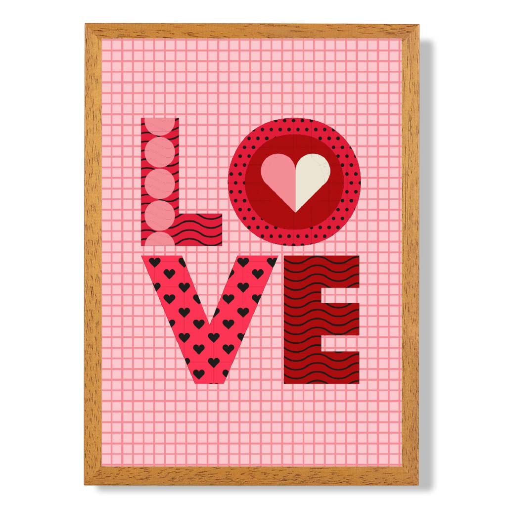 Retro Patterned LOVE print in Oak Wooden Frame