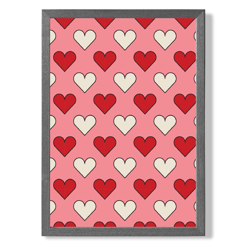 Retro Patterned Hearts print in Dark Grey Wooden Frame