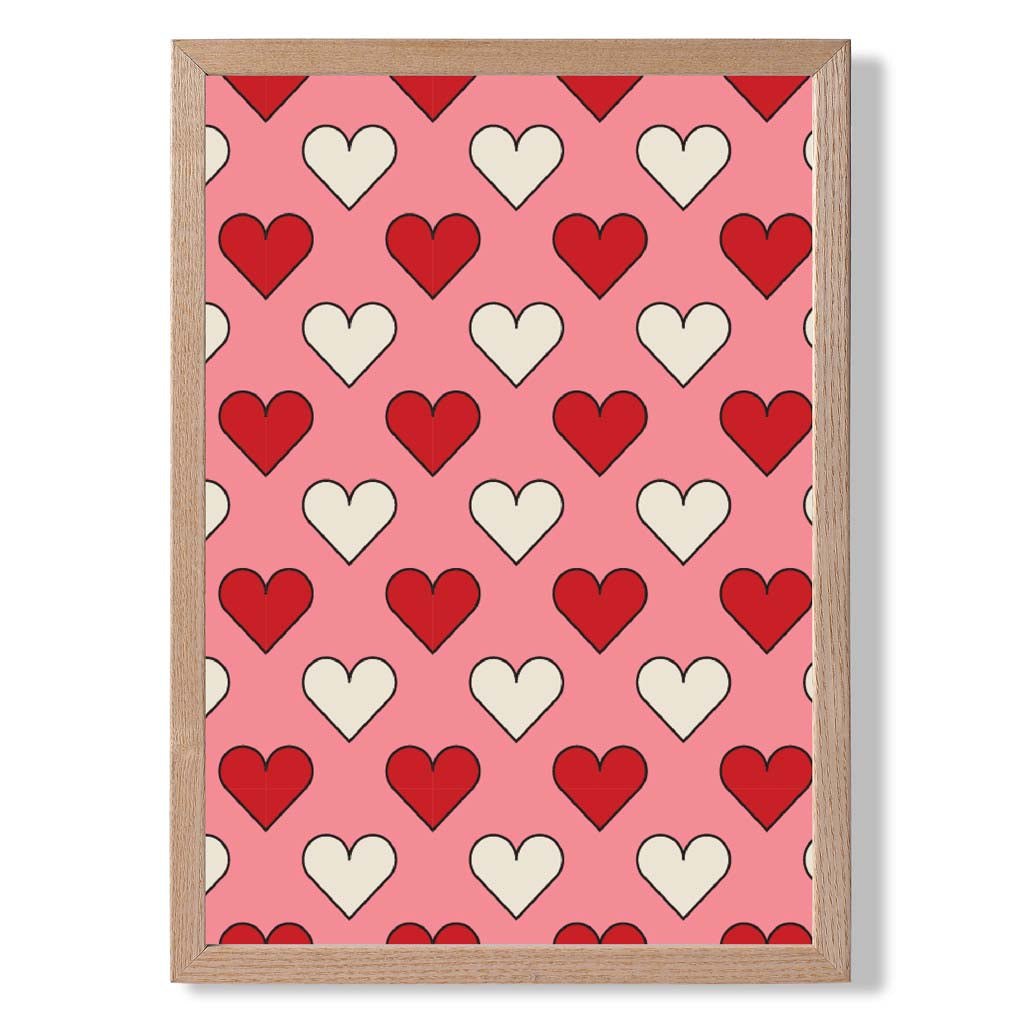 Retro Patterned Hearts print in Light Oak Wooden Frame