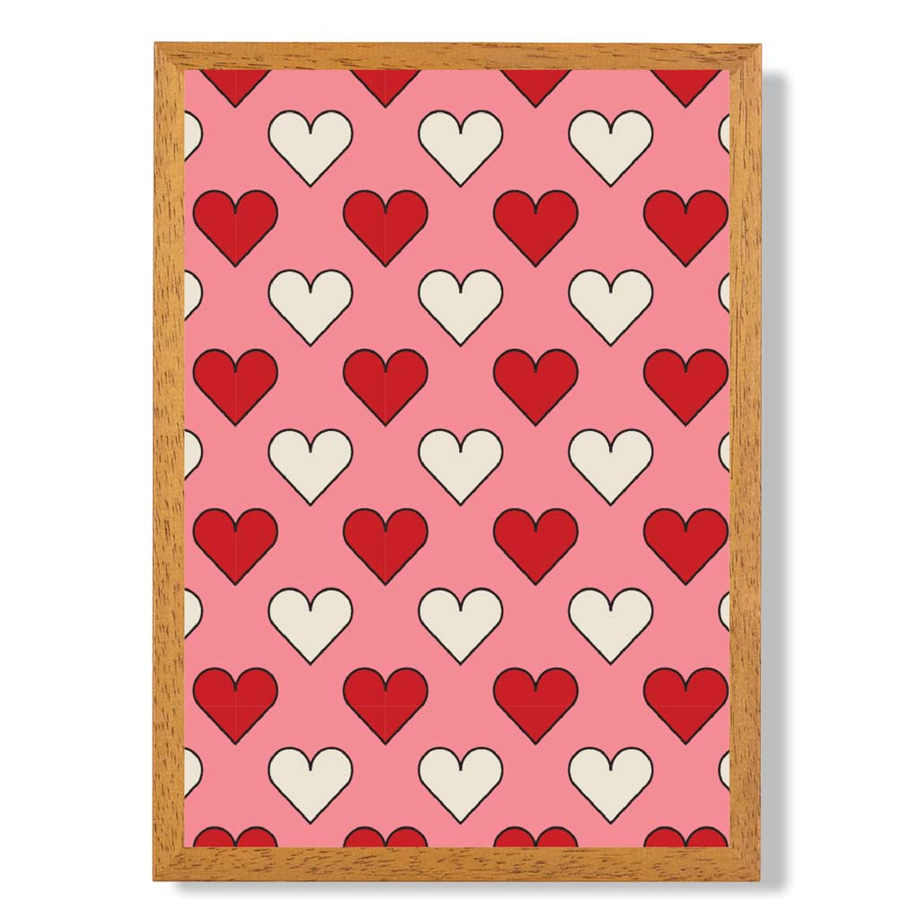 Retro Patterned Hearts print in Oak Wooden Frame