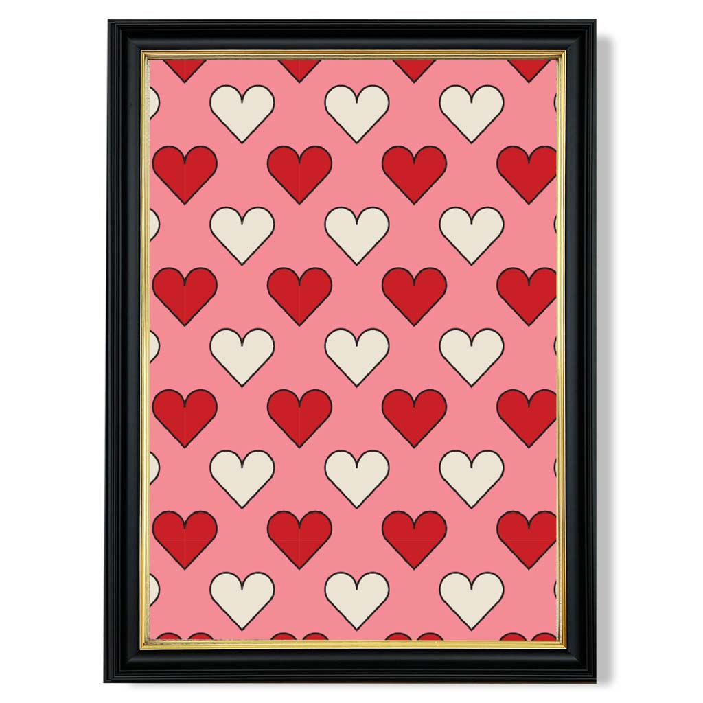 Retro Patterned Hearts print in Black and Gold Frame