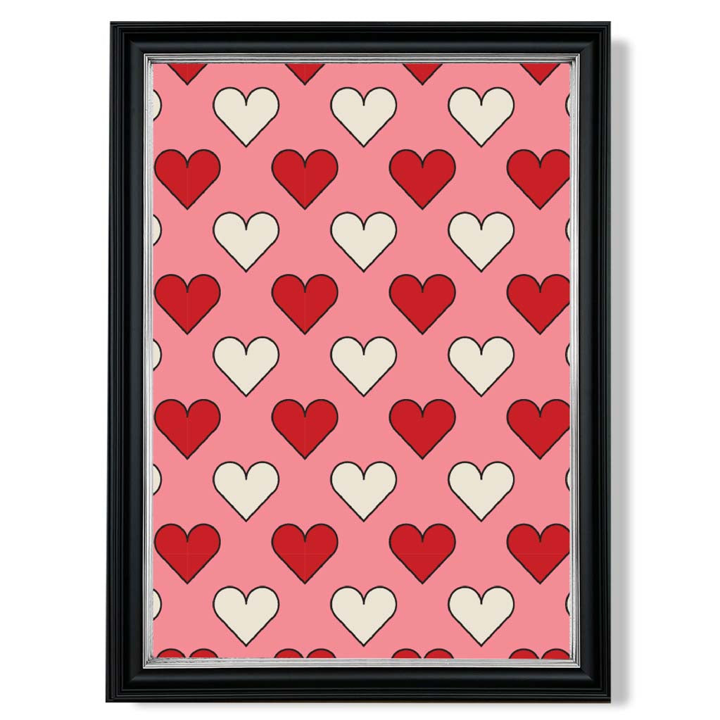 Retro Patterned Hearts print in Black and silver Frame