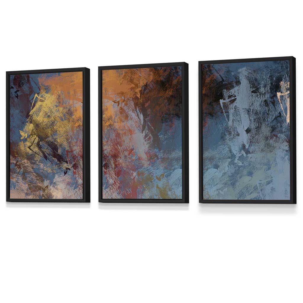 Set of 3 Abstract Blue and Orange Framed Wall Art Prints | Artze Wall Art UK