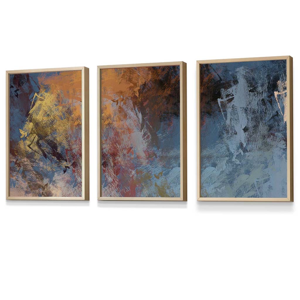 Set of 3 Abstract Blue and Orange Framed Wall Art Prints | Artze Wall Art UK