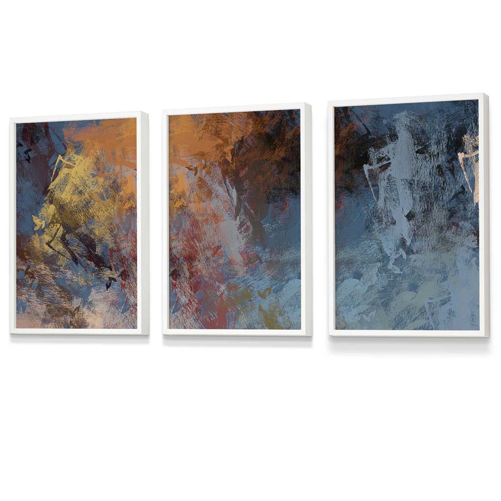 Set of 3 Abstract Blue and Orange Framed Wall Art Prints | Artze Wall Art UK