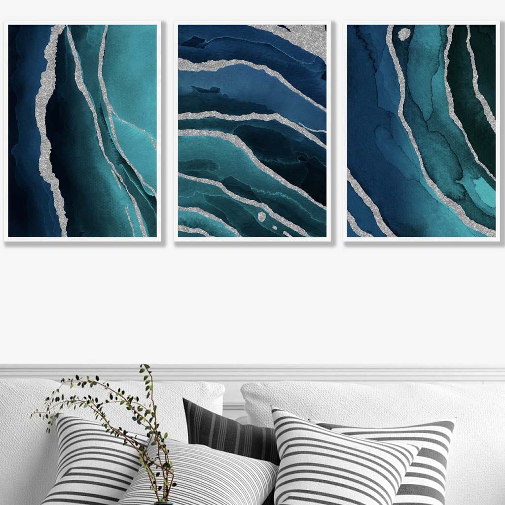 Set of 3 Abstract Teal, Blue and Silver Wall Art Prints