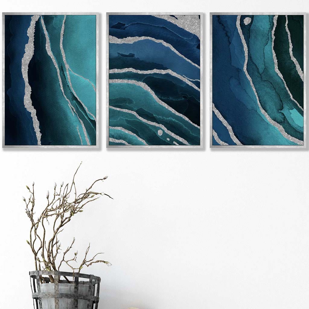 Set of 3 Abstract Teal, Blue and Silver Wall Art Prints