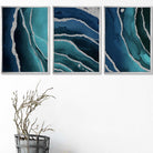 Set of 3 Abstract Teal, Blue and Silver Wall Art Prints