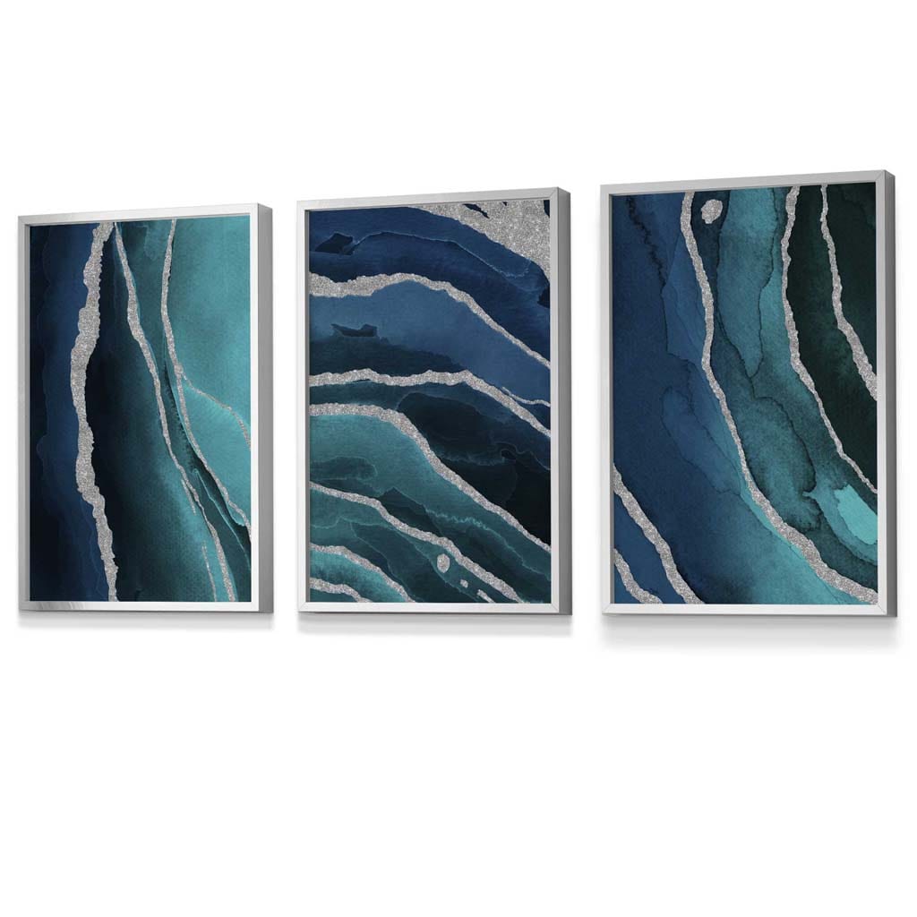 Set of 3 Teal, Navy Blue and Silver Framed Wall Art Prints | Artze Wall Art UK