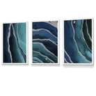 Set of 3 Teal, Navy Blue and Silver Framed Wall Art Prints | Artze Wall Art UK