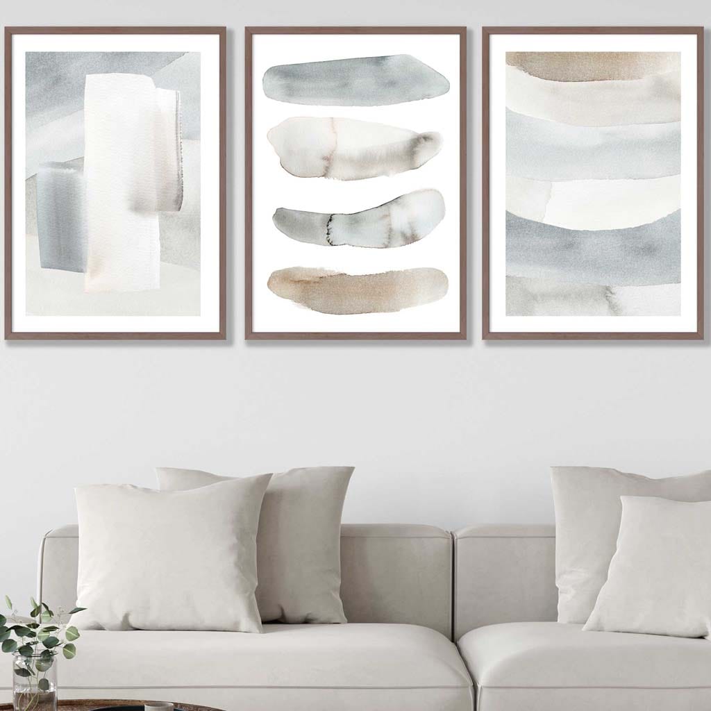 Set of 3 Watercolour Strokes Beige Blue Wall Art Prints