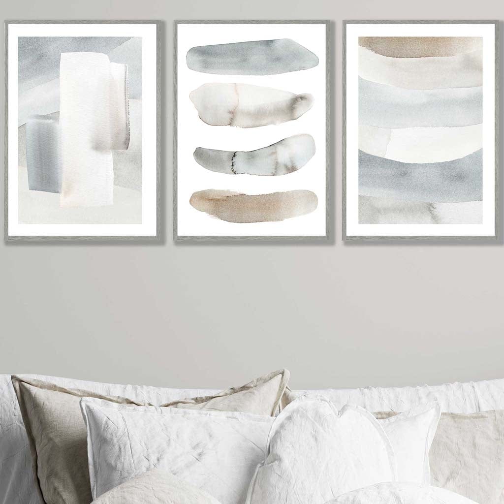 Set of 3 Watercolour Strokes Beige Blue Wall Art Prints