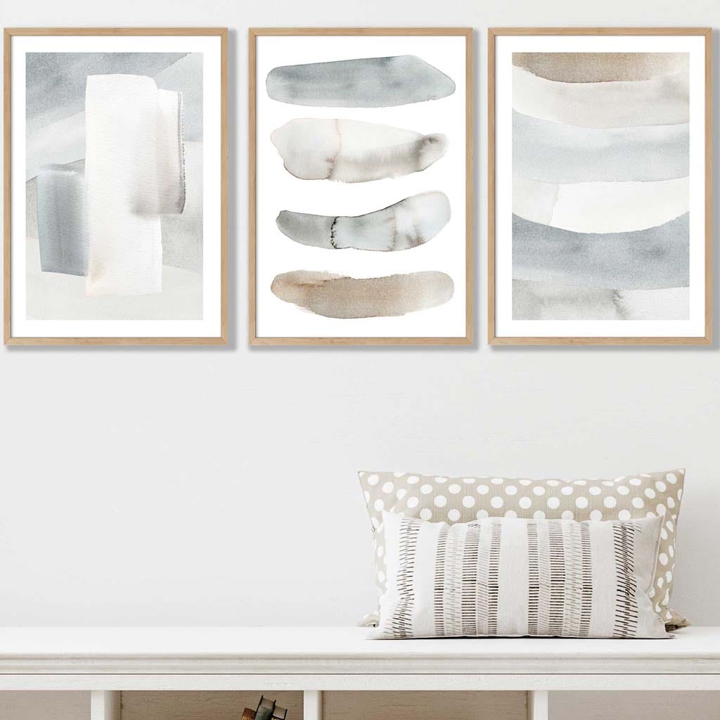Set of 3 Watercolour Strokes Beige Blue Wall Art Prints