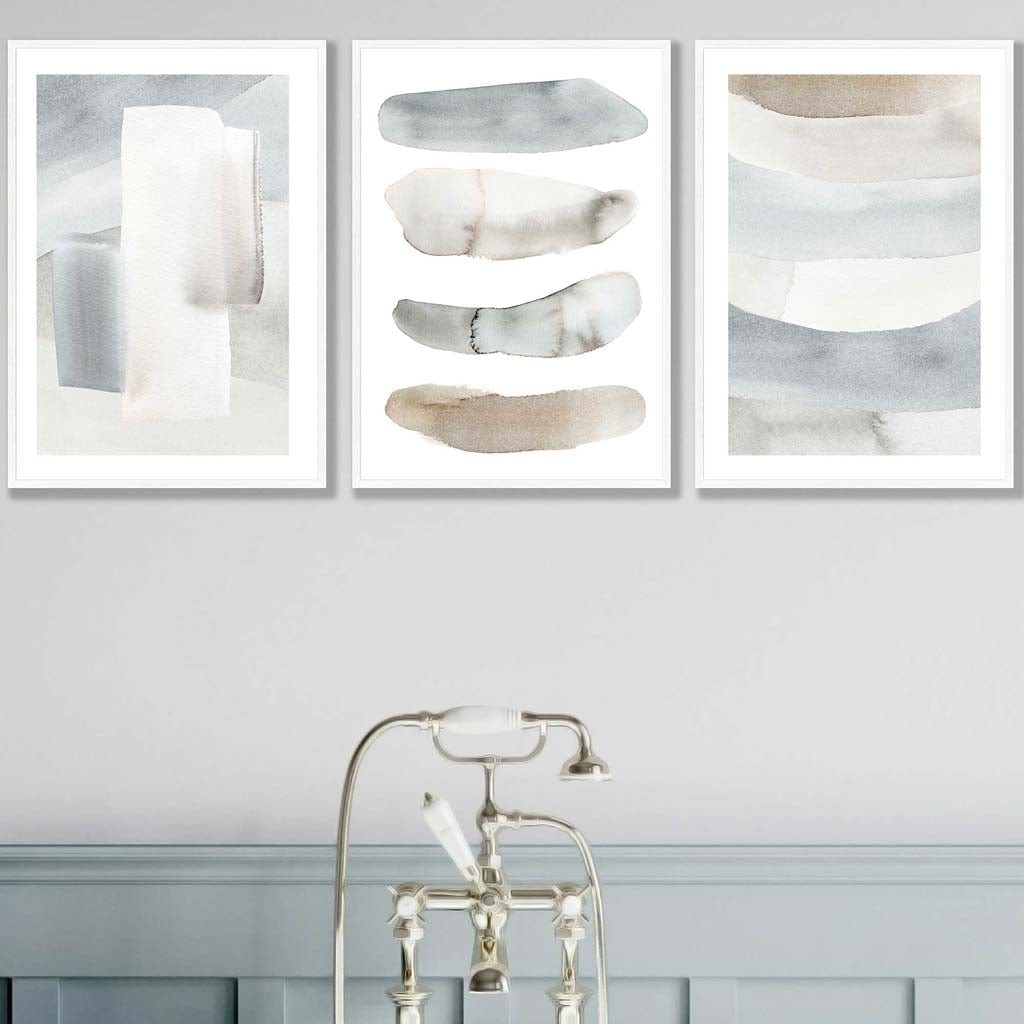 Set of 3 Watercolour Strokes Beige Blue Wall Art Prints