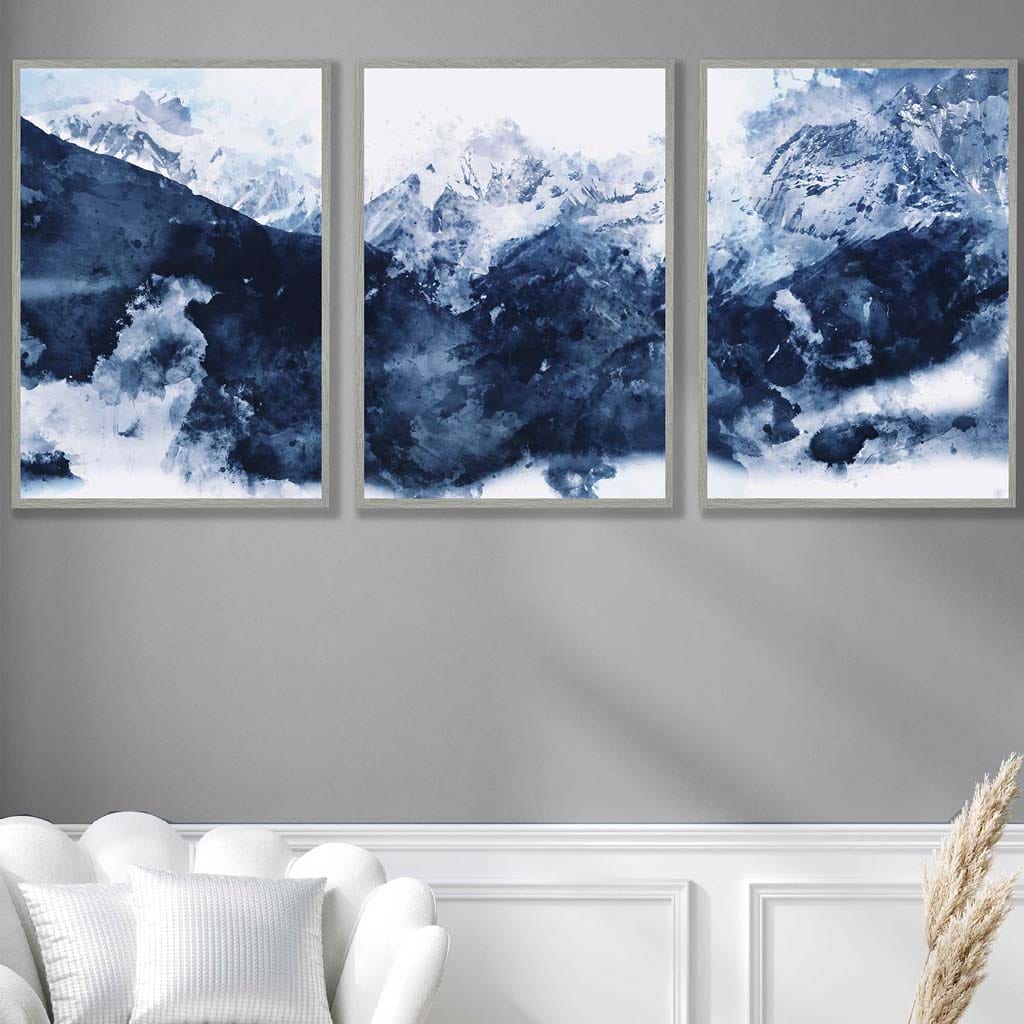 Set of 3 Abstract Art Prints of Paintings Navy Blue Mountains