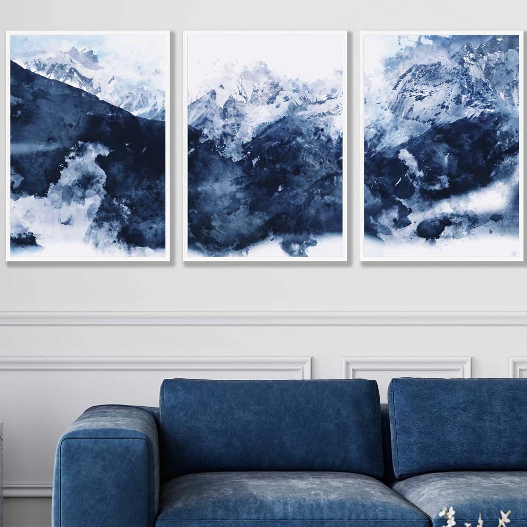 Set of 3 Abstract Art Prints of Paintings Navy Blue Mountains