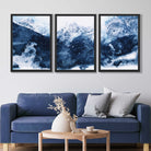 Abstract Navy Blue Mountains Set of 3 Art Prints in Luxury Frames | Artze UK