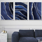 Set of 3 Abstract Navy Blue and Silver Wall Art Prints